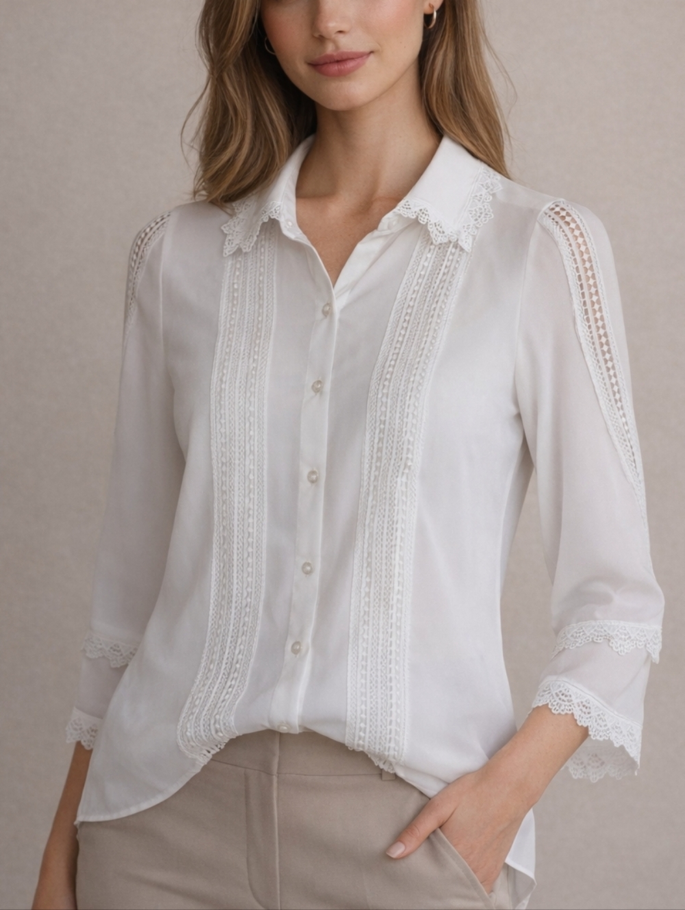 Karl Lagerfeld Paris Lace Trim Button Down Blouse White Womens Small Victorian